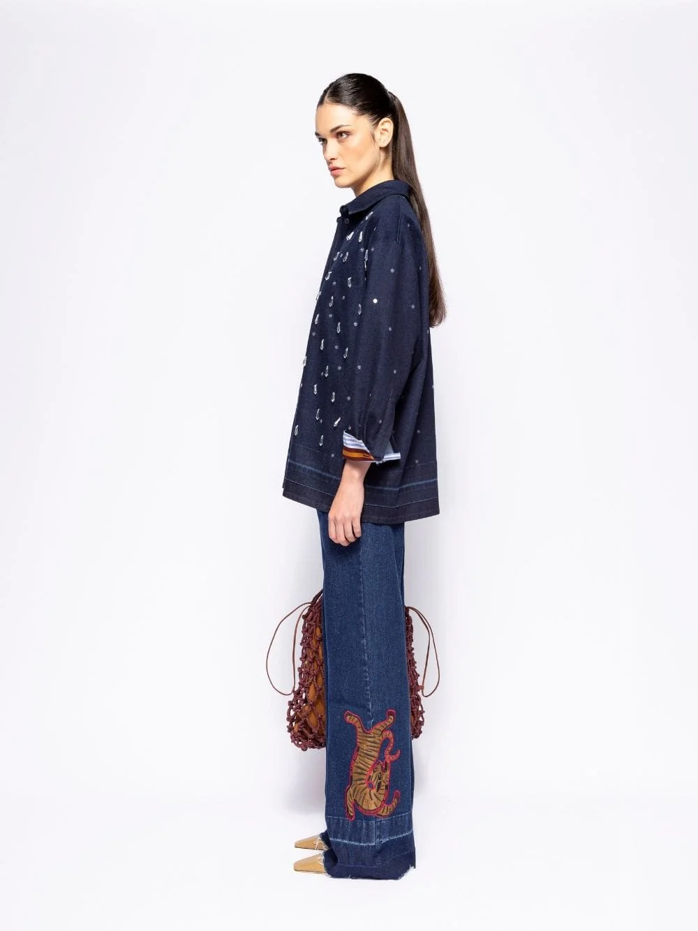 Avila Blue Embroidered Wide-Leg Denim Pants - Image 5