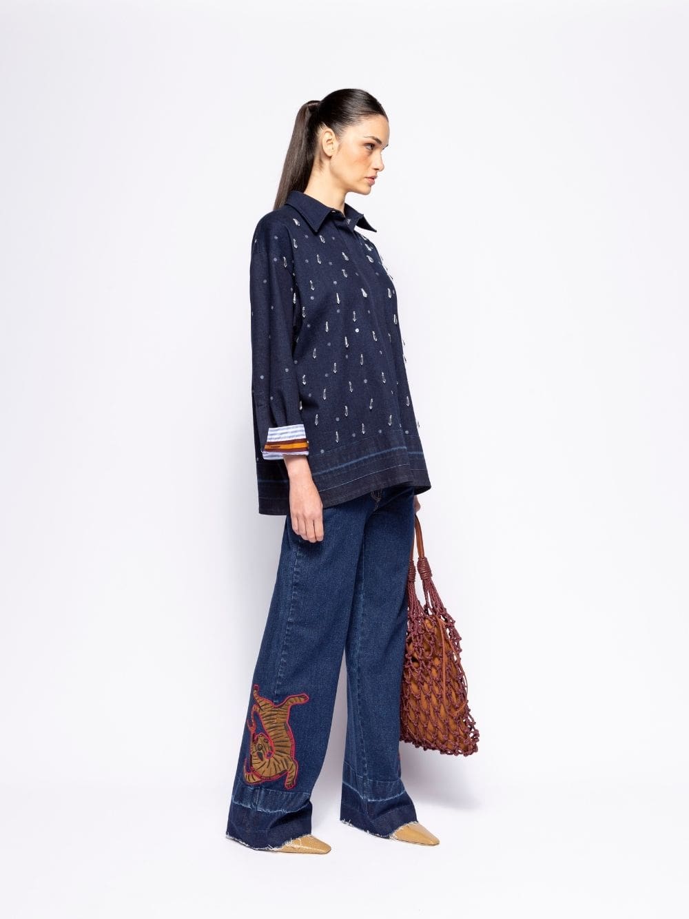 Avila Blue Embroidered Wide-Leg Denim Pants - Image 7