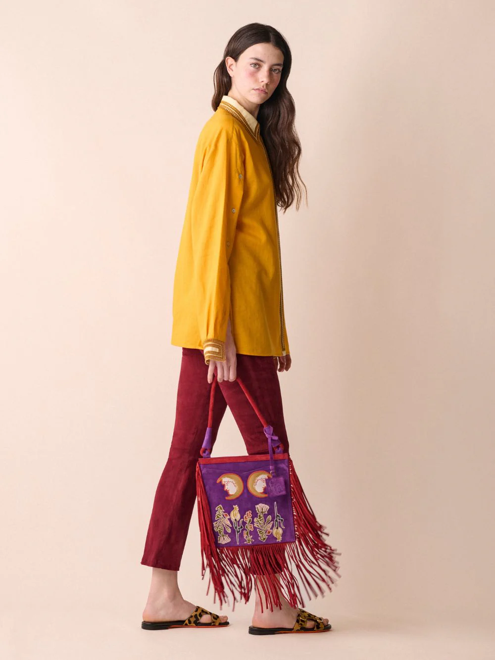 Aquila Embroidered Suede Bag with Fringes - Image 2