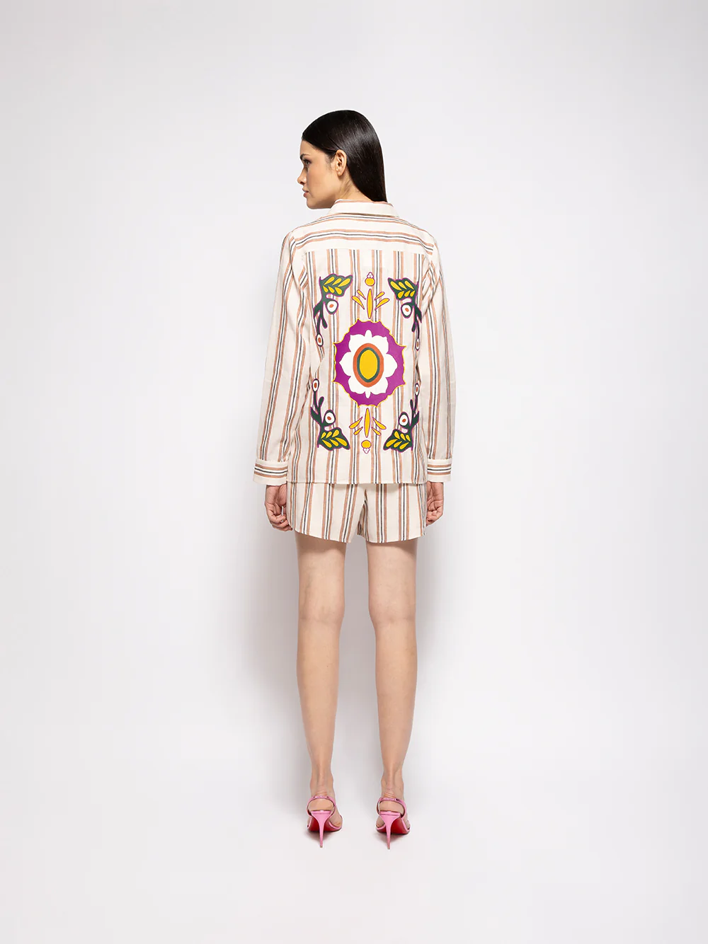 Freesia Linen Striped Shirt with Back Embroidery