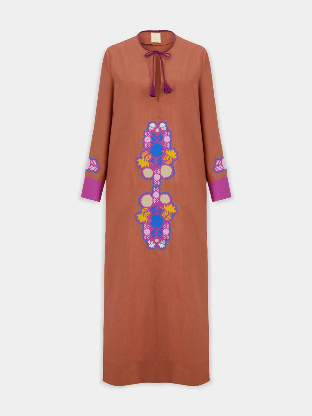 Camille Caramel Café Linen Dress with Embroidered Patches and Belt