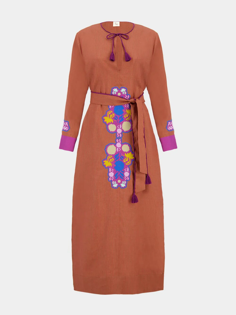 Camille Caramel Café Linen Dress with Embroidered Patches and Belt - Image 2