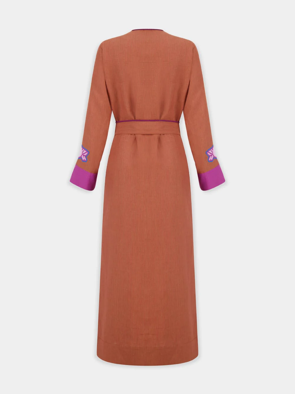 Camille Caramel Café Linen Dress with Embroidered Patches and Belt - Image 4