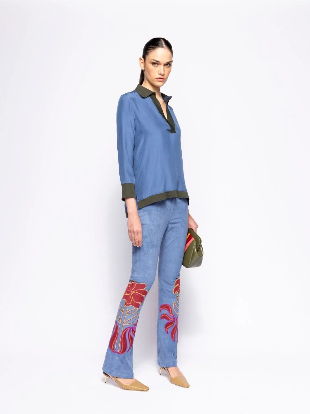 Capella Dutch Blue Embroidered Suede Trousers - Image 5