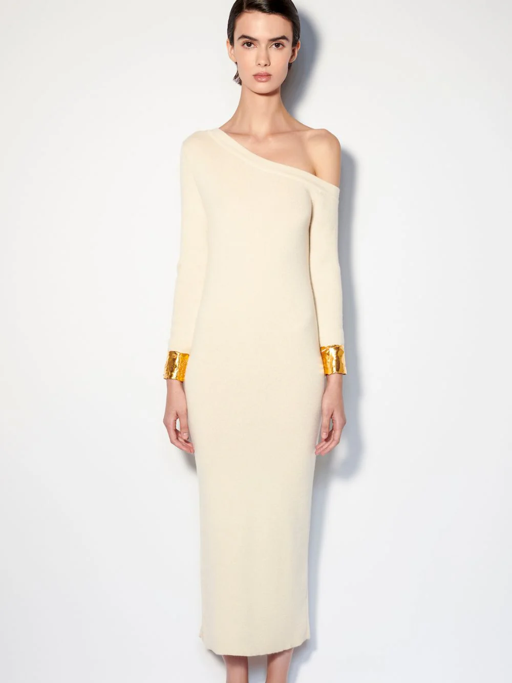 Long Asymmetric Off-White Cashmere Dress