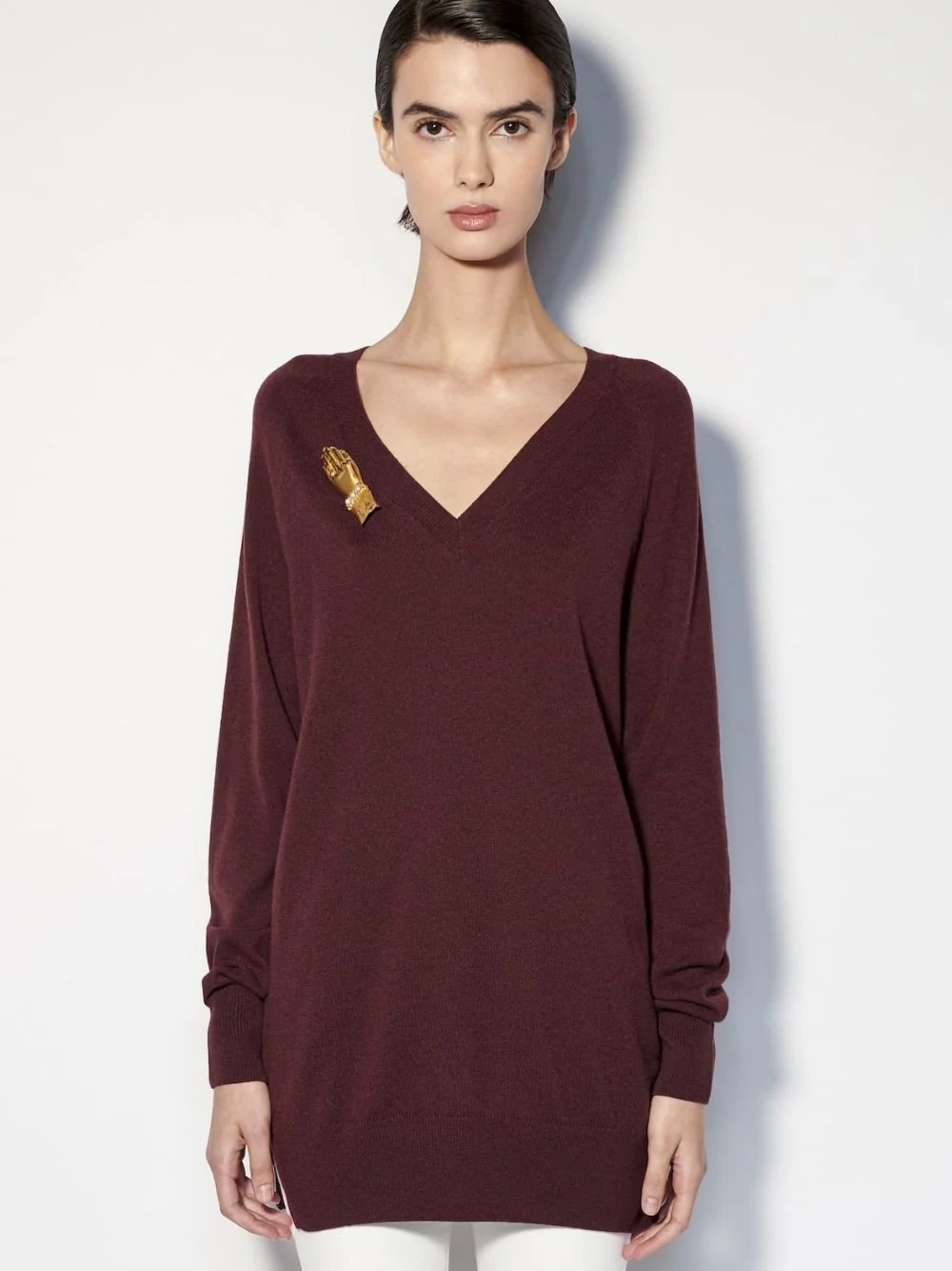 Long V-Neck Burgundy Cashmere Sweater - Image 3