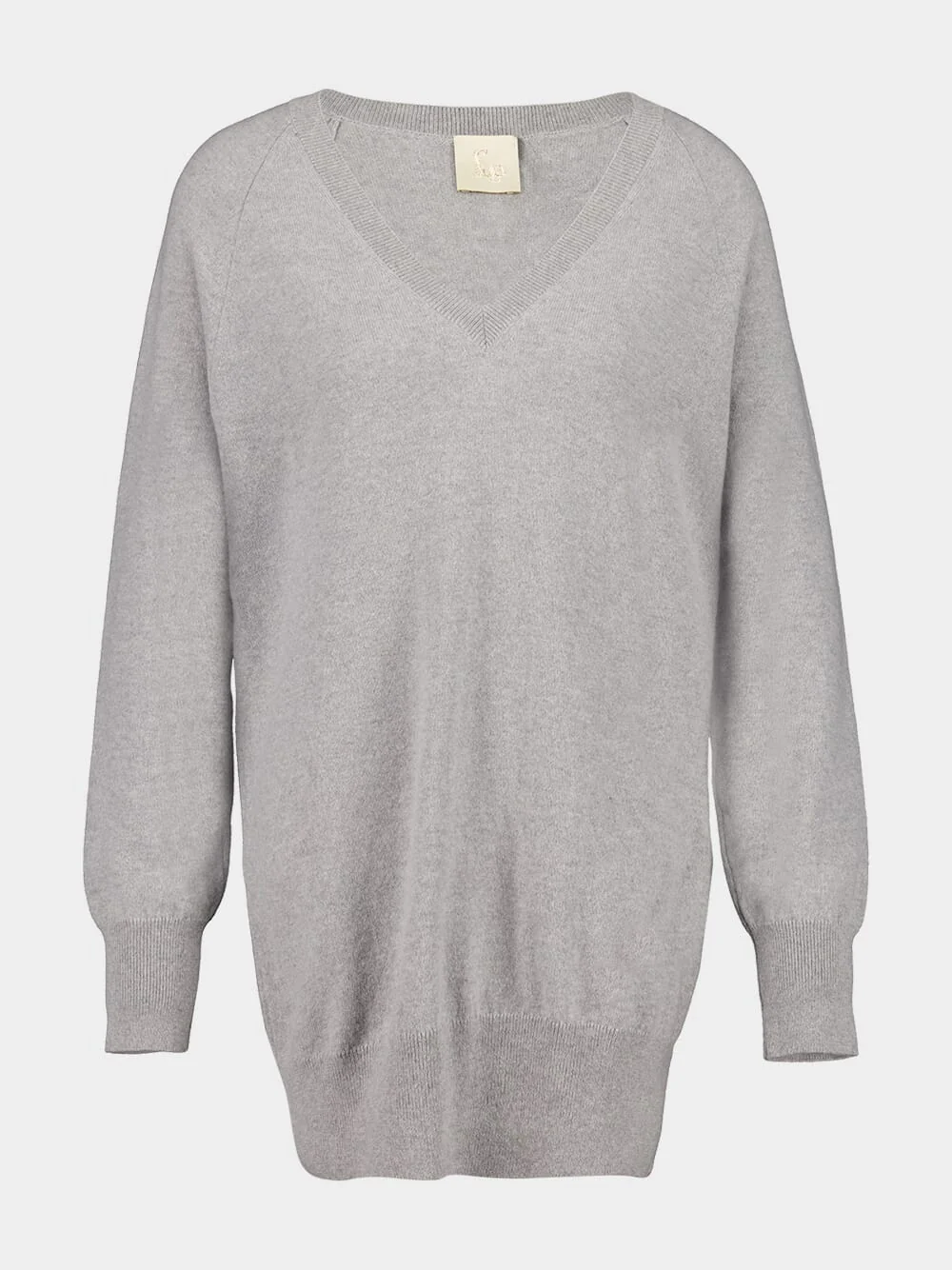 Long V-Neck Light Grey Cashmere Sweater