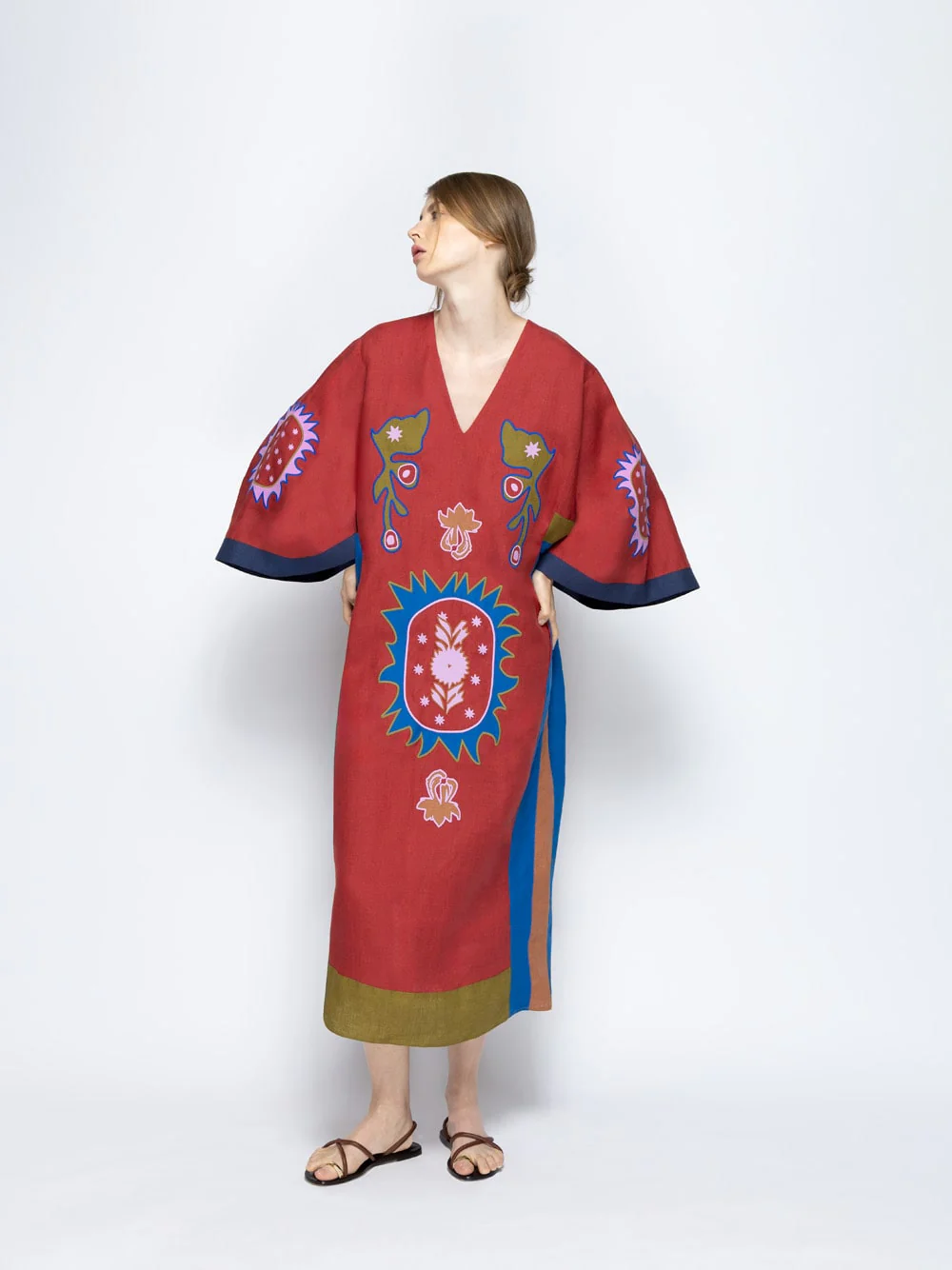 Cinnabar Red Dahlia Linen Dress with Embroidered Patches