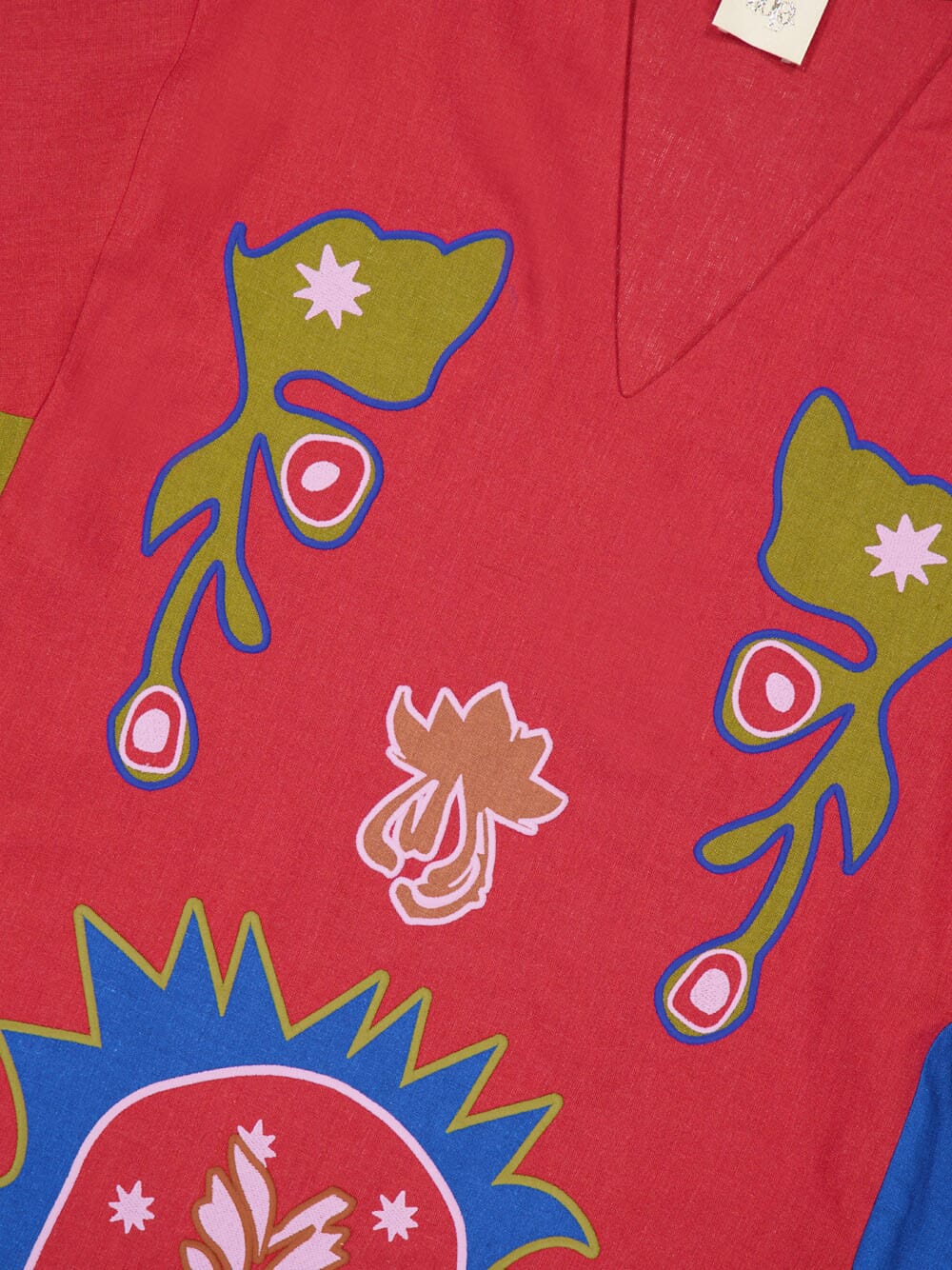Cinnabar Red Dahlia Linen Dress with Embroidered Patches - Image 6