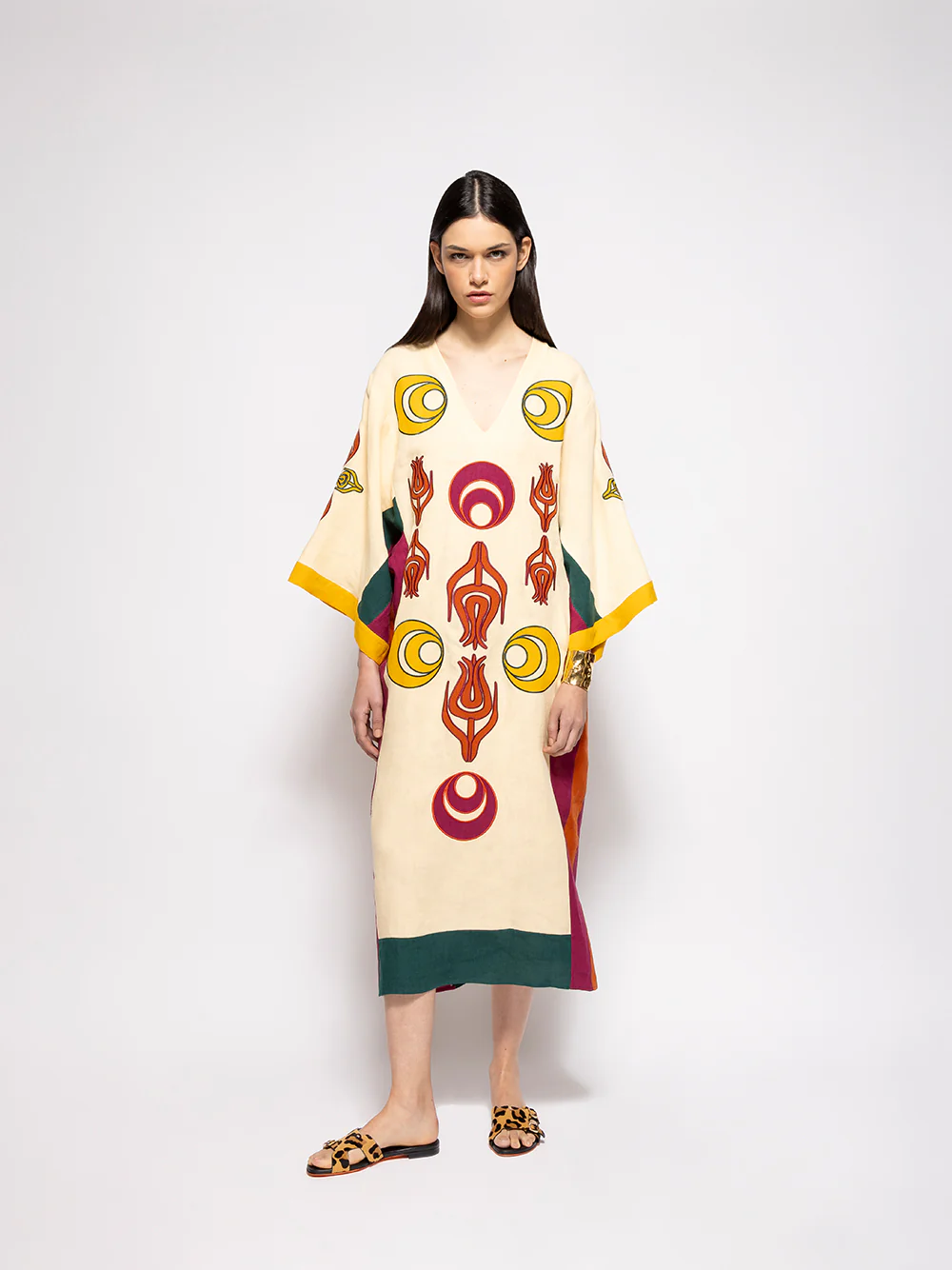 Cinnabar Vanilla Custard Linen Dress with Embroidered Patches