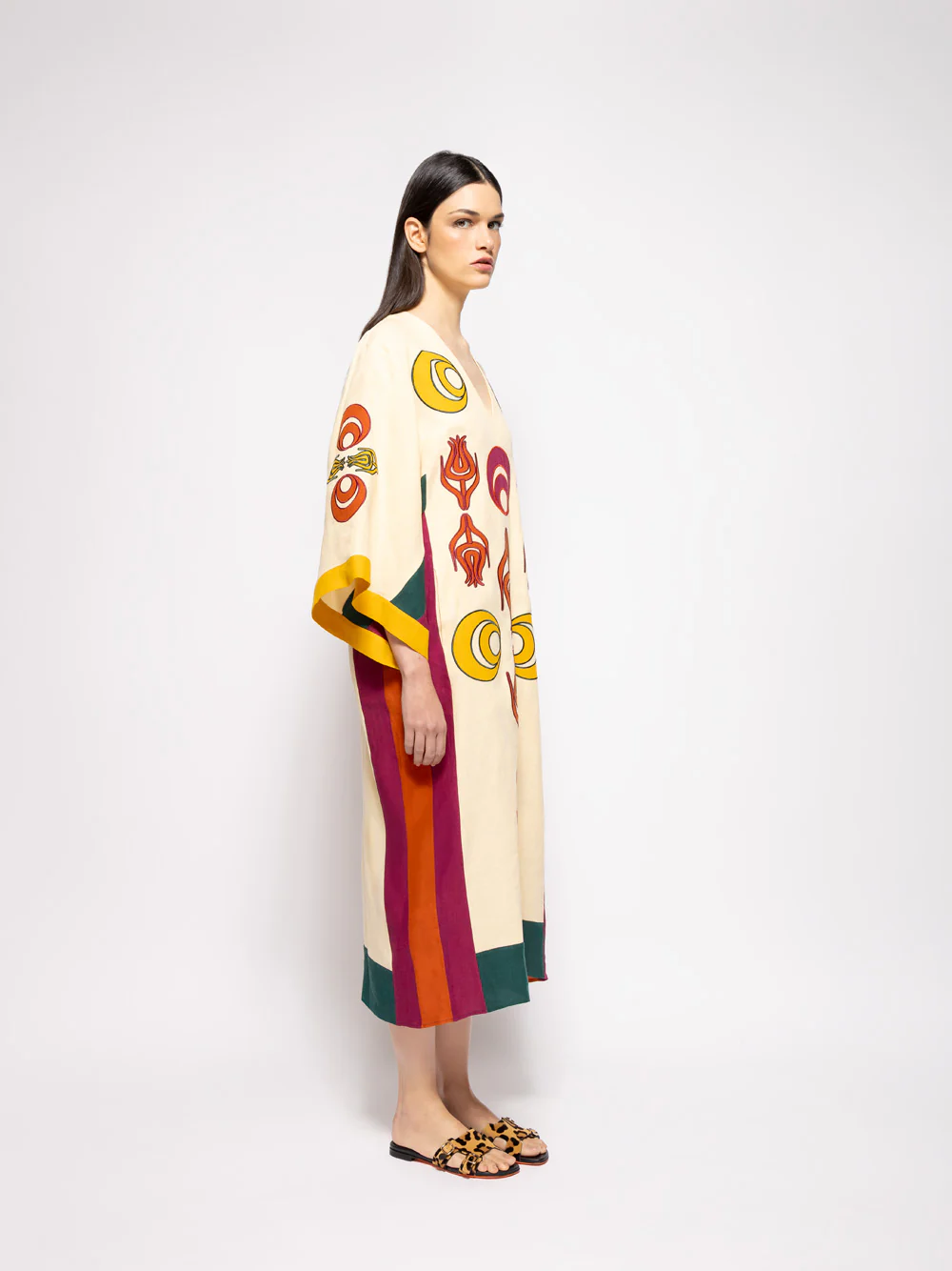 Cinnabar Vanilla Custard Linen Dress with Embroidered Patches - Image 10