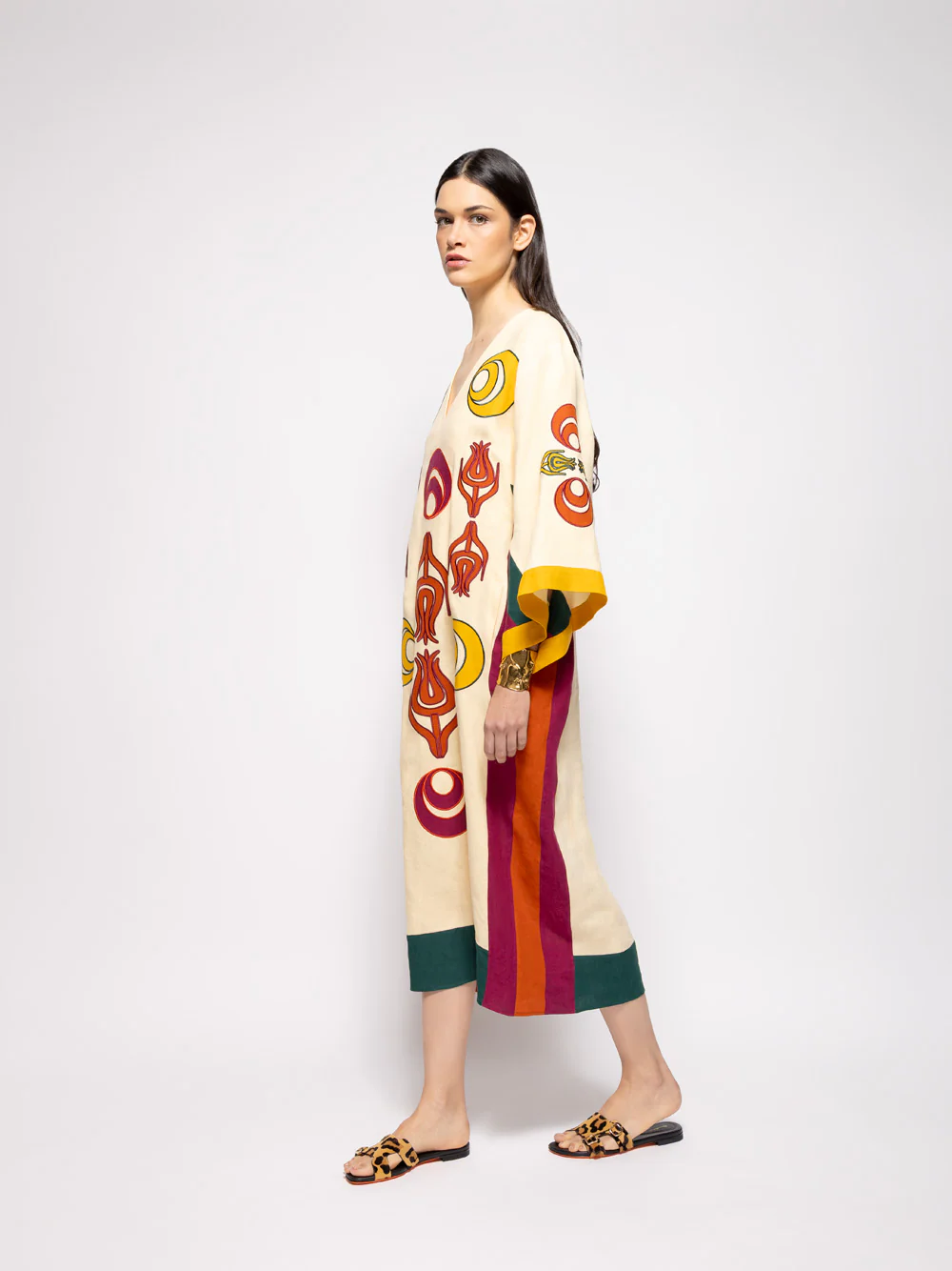 Cinnabar Vanilla Custard Linen Dress with Embroidered Patches - Image 3