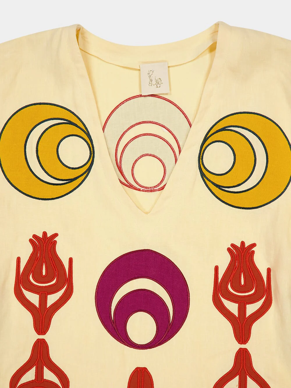 Cinnabar Vanilla Custard Linen Dress with Embroidered Patches - Image 5