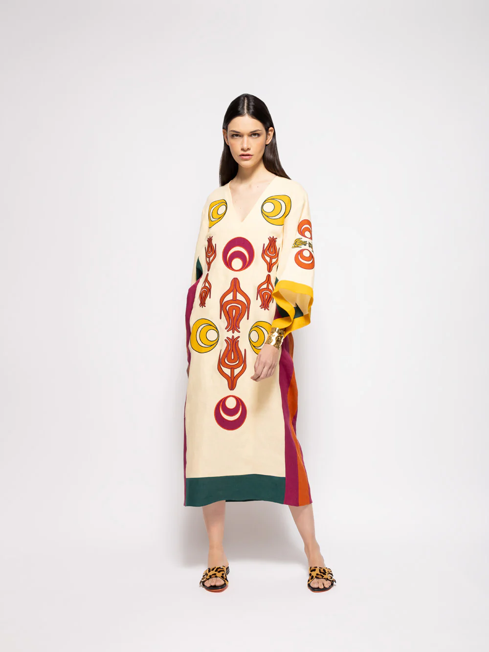 Cinnabar Vanilla Custard Linen Dress with Embroidered Patches - Image 6
