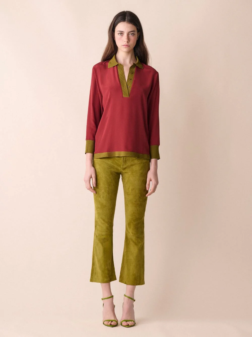 Diane Burgundy Silk V-Neck Longsleeve - Image 2