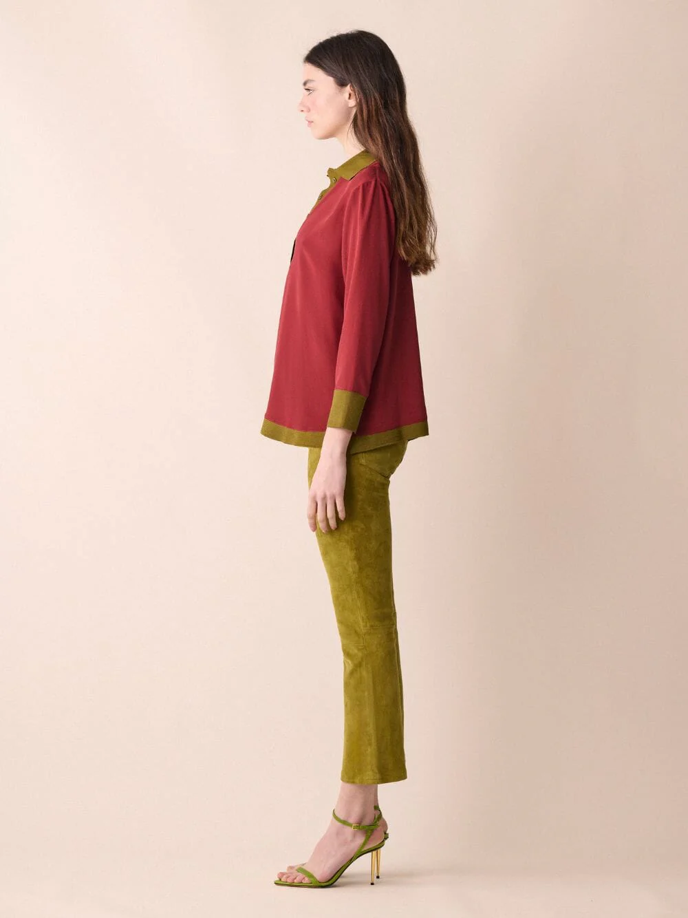 Diane Burgundy Silk V-Neck Longsleeve - Image 6