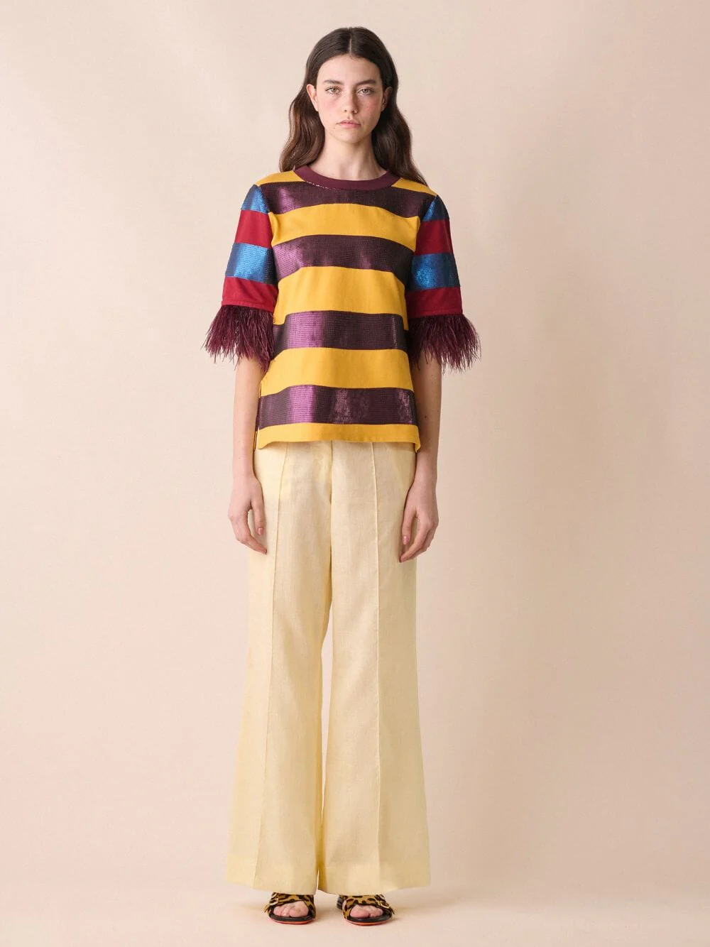 Lyra Sequin Embroidered Striped T-Shirt With Feathers - Image 2