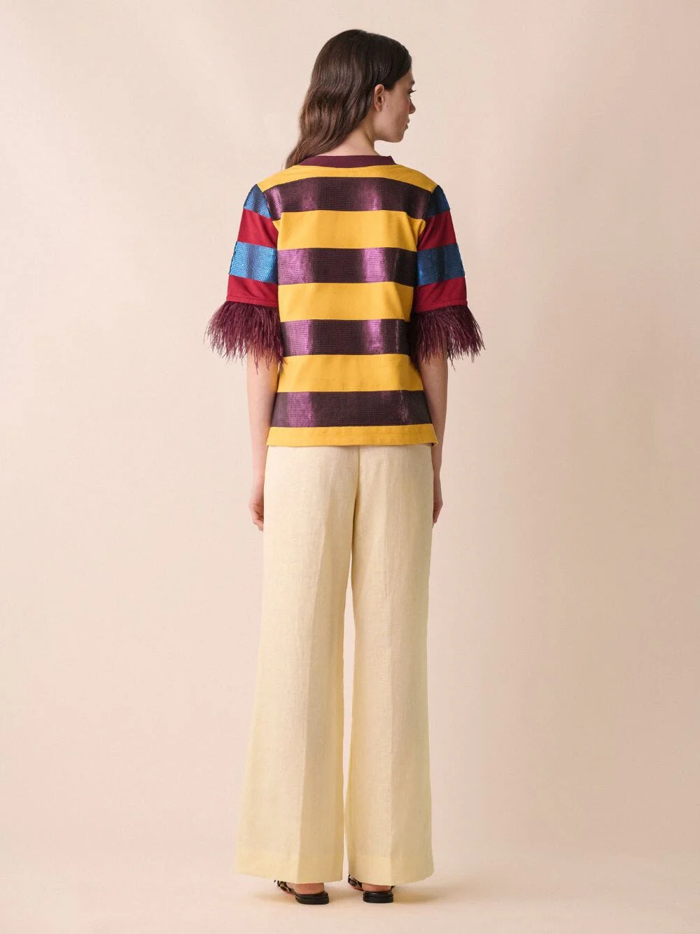 Lyra Sequin Embroidered Striped T-Shirt With Feathers - Image 4