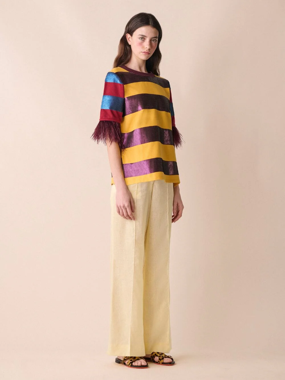 Lyra Sequin Embroidered Striped T-Shirt With Feathers - Image 5