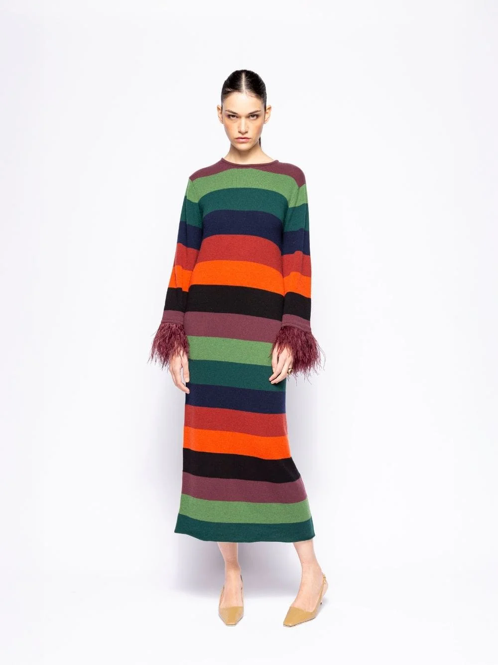 Curie Multicoloured Stripes Knitted Cut-Out Back Dress with Feathers