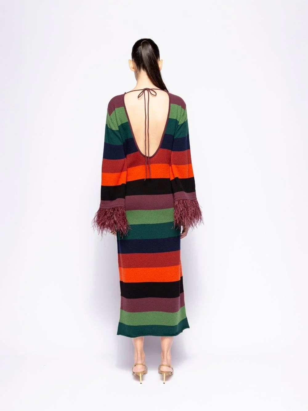Curie Multicoloured Stripes Knitted Cut-Out Back Dress with Feathers - Image 3