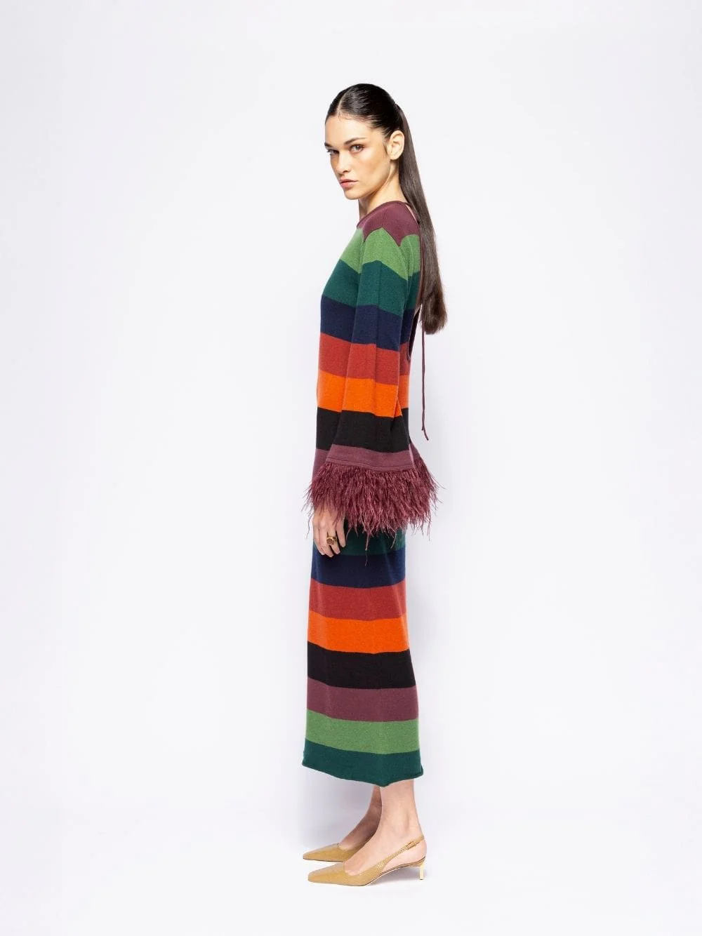 Curie Multicoloured Stripes Knitted Cut-Out Back Dress with Feathers - Image 5