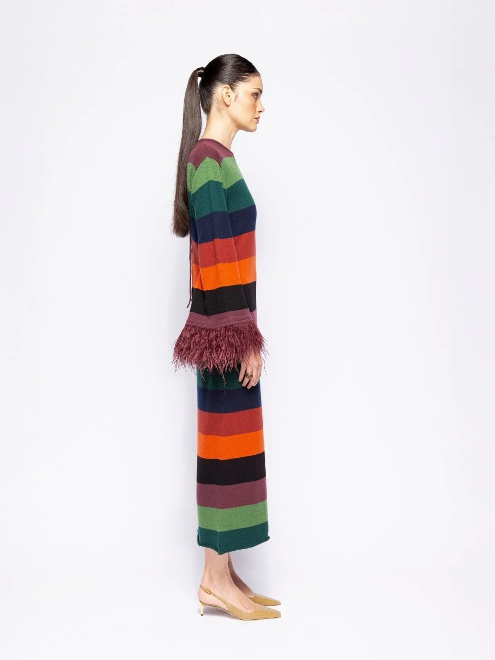 Curie Multicoloured Stripes Knitted Cut-Out Back Dress with Feathers - Image 7