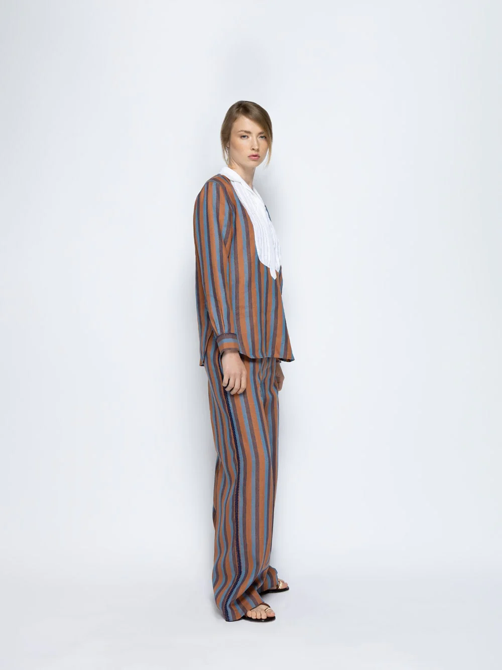 Dora Blue Stripes Embroidered Striped Linen Pants - Image 4