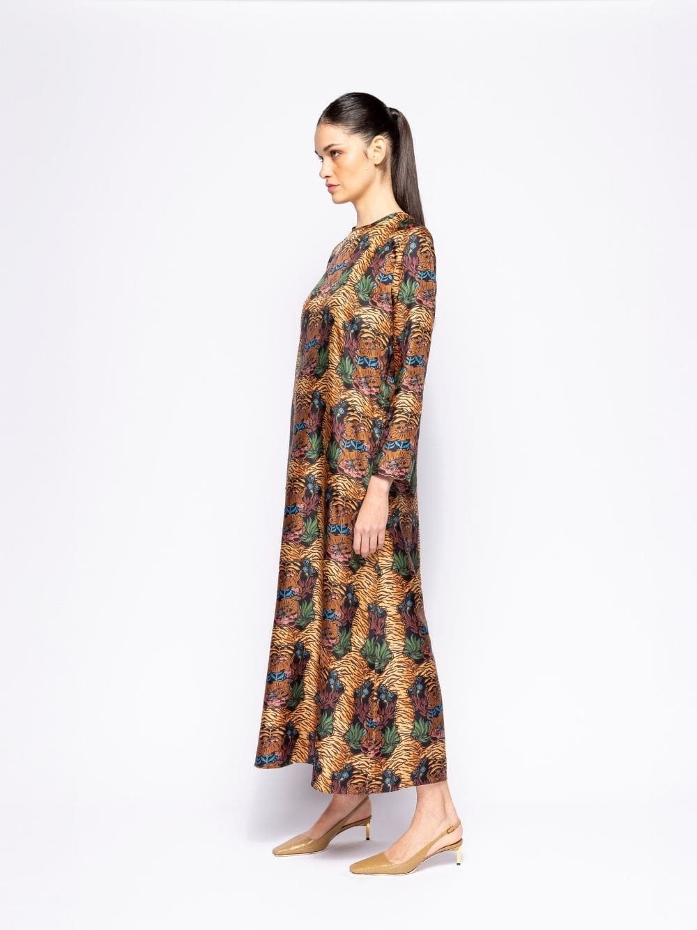 Gray Dreamframe Print Printed Silk Twill A-Line Dress - Image 5