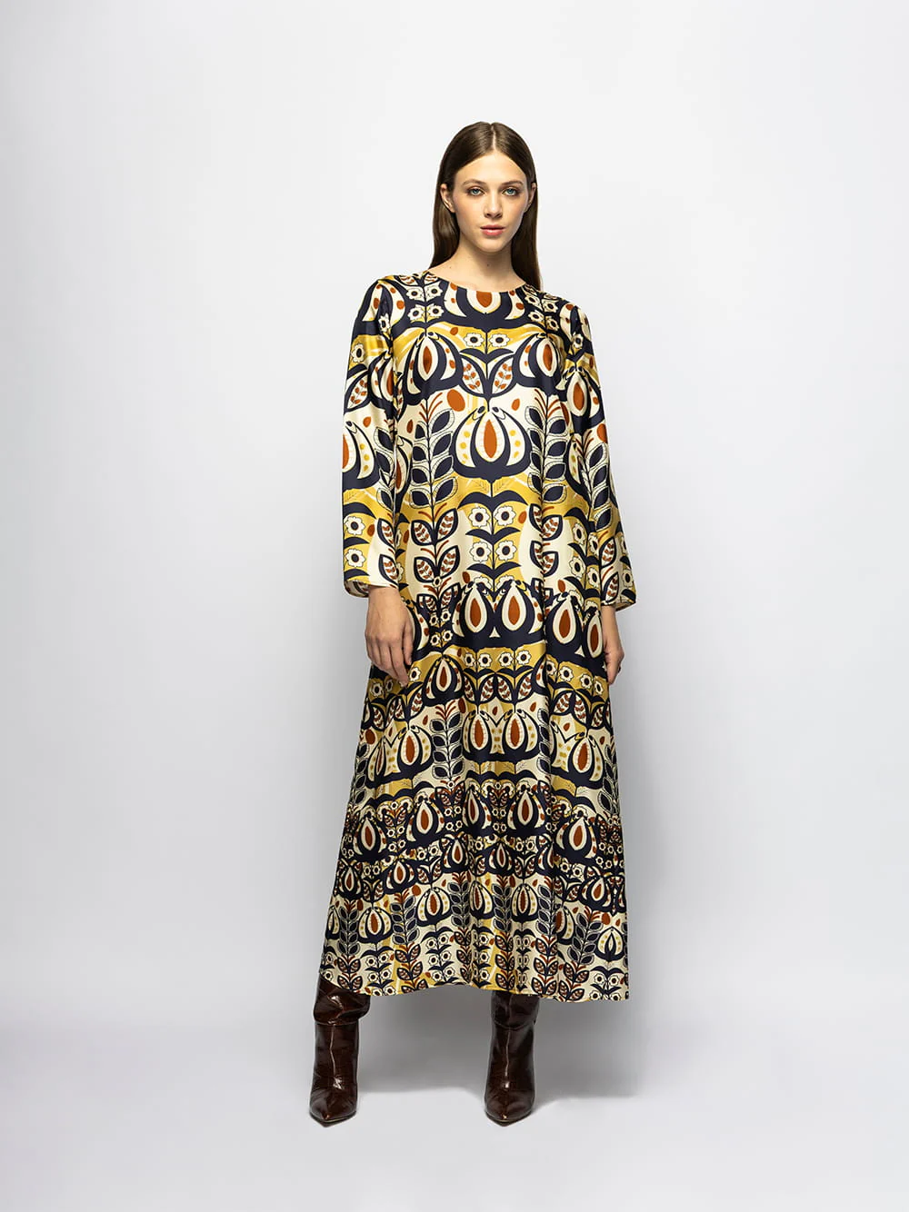 Gray Wonderland Printed Silk Twill A-Line Dress