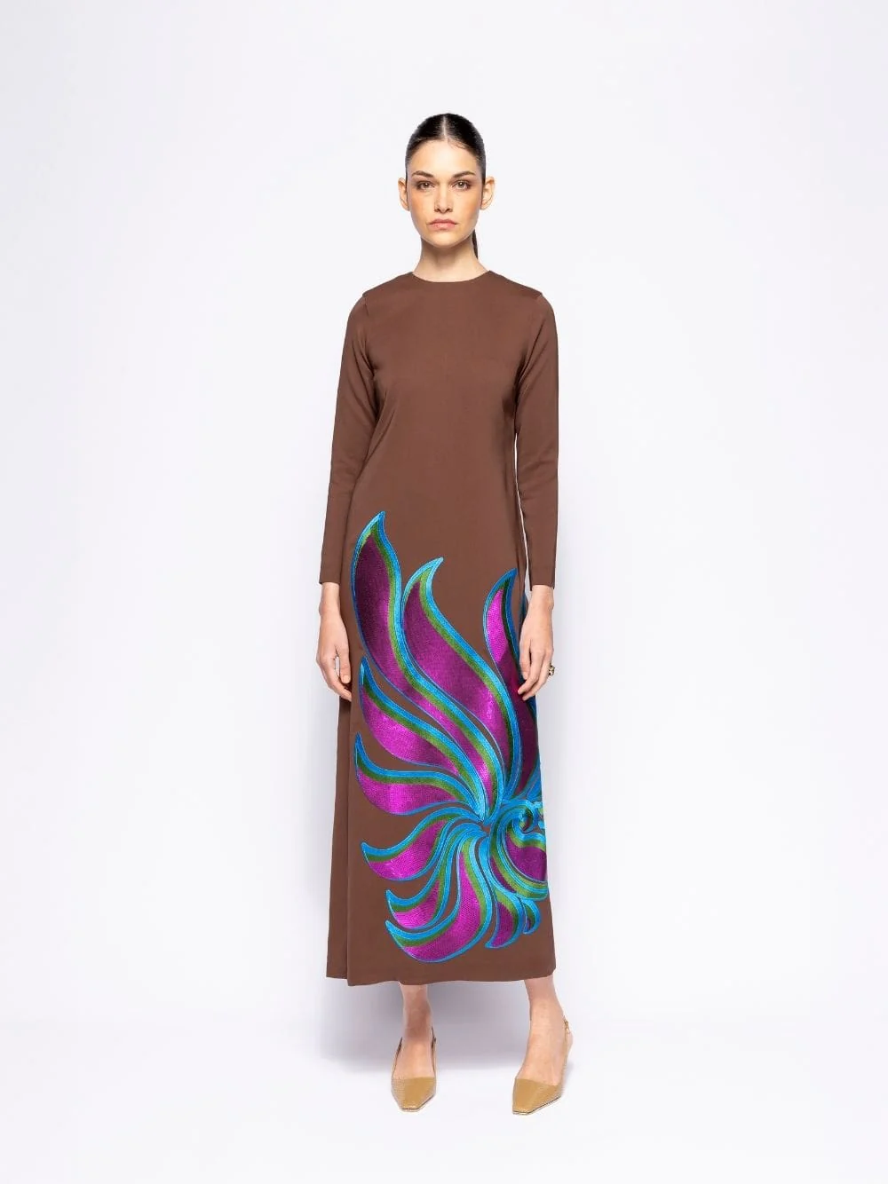 Kentia Coffee Bean Embroidered Long-Sleeved Maxi Dress