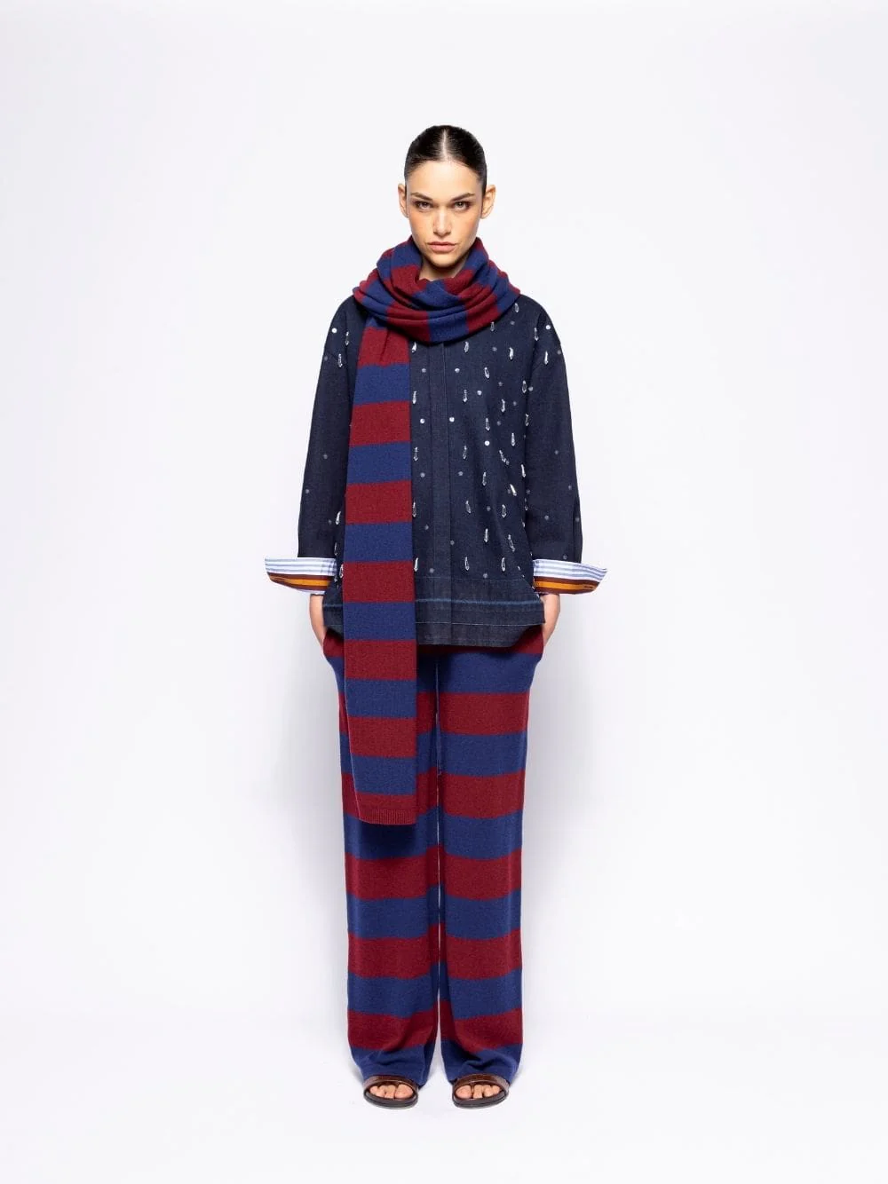 Lucca Cabernet and Blue Stripes Knitted Scarf - Image 2