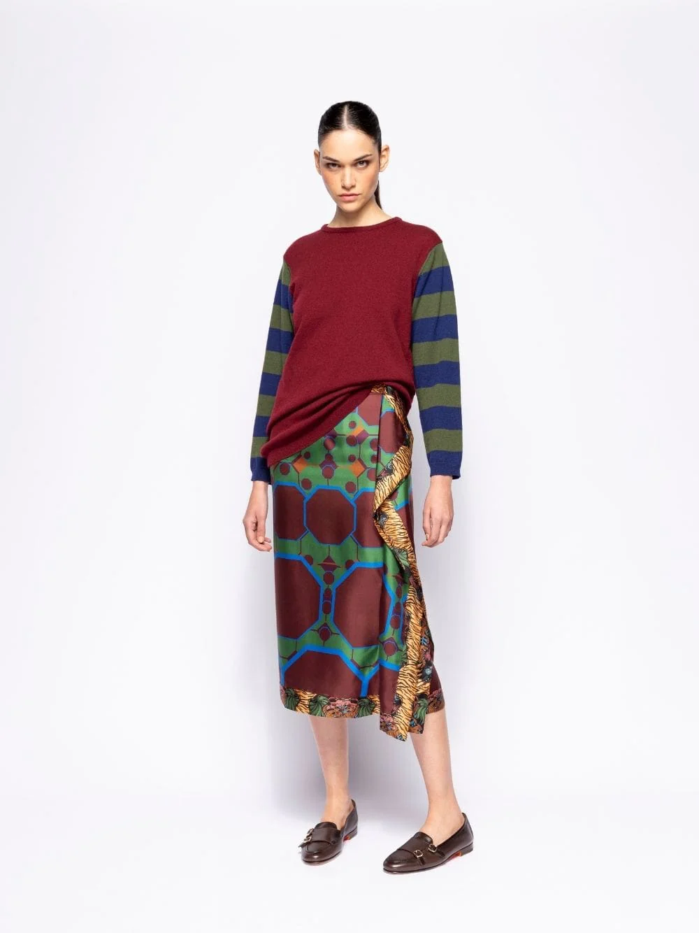 Matilda Cabernet Knitted Long-Sleeved Striped Sleeves Top