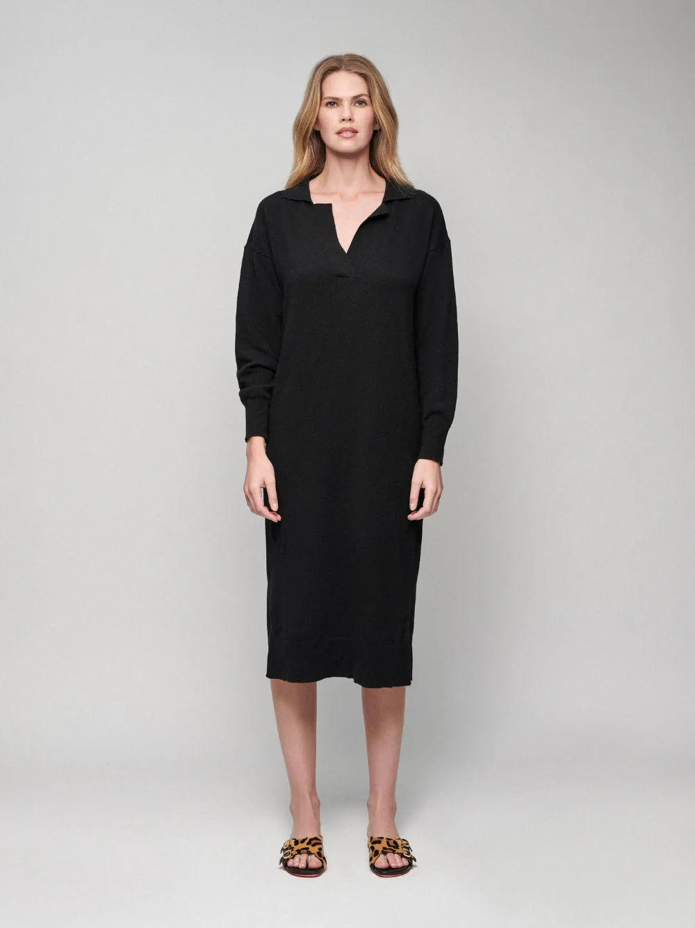 Maya Black V-Neck Cashmere Midi Dress