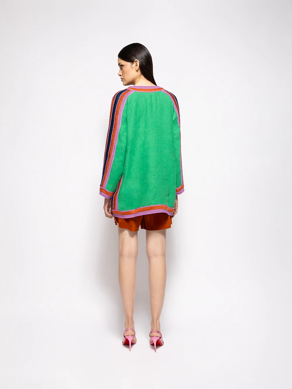 Myosolis Jolly Green Linen Top with Embroidered Patches - Image 8