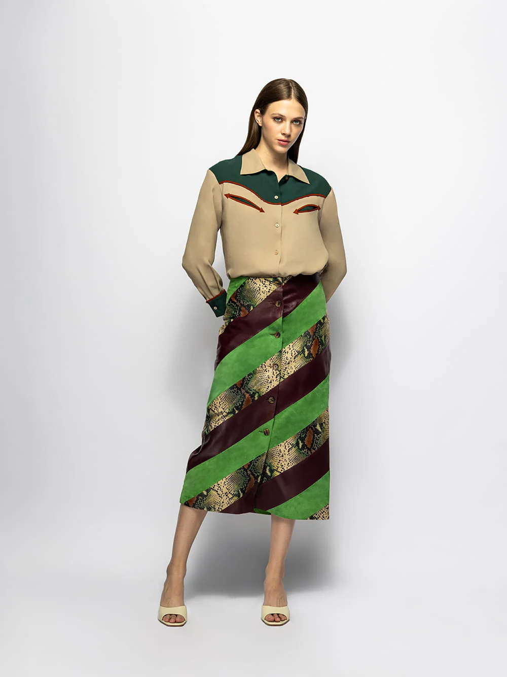 Madeline Multi Stripes Patchwork Leather Pencil Skirt - Image 3