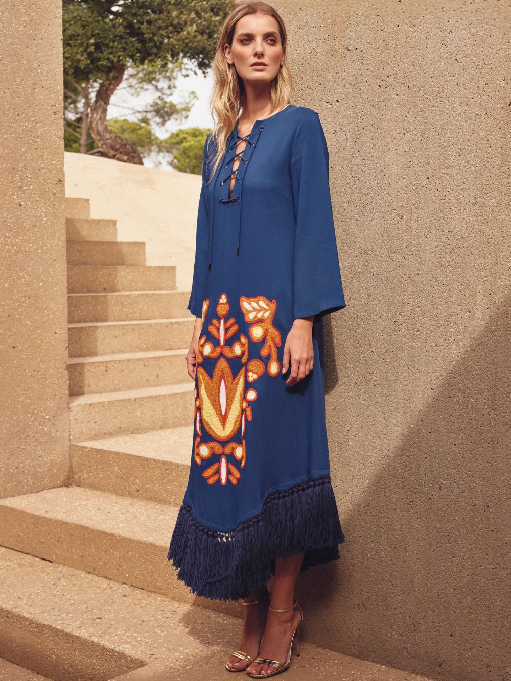 Onyx Estate Blue Chenille Embroidered Dress with Fringes