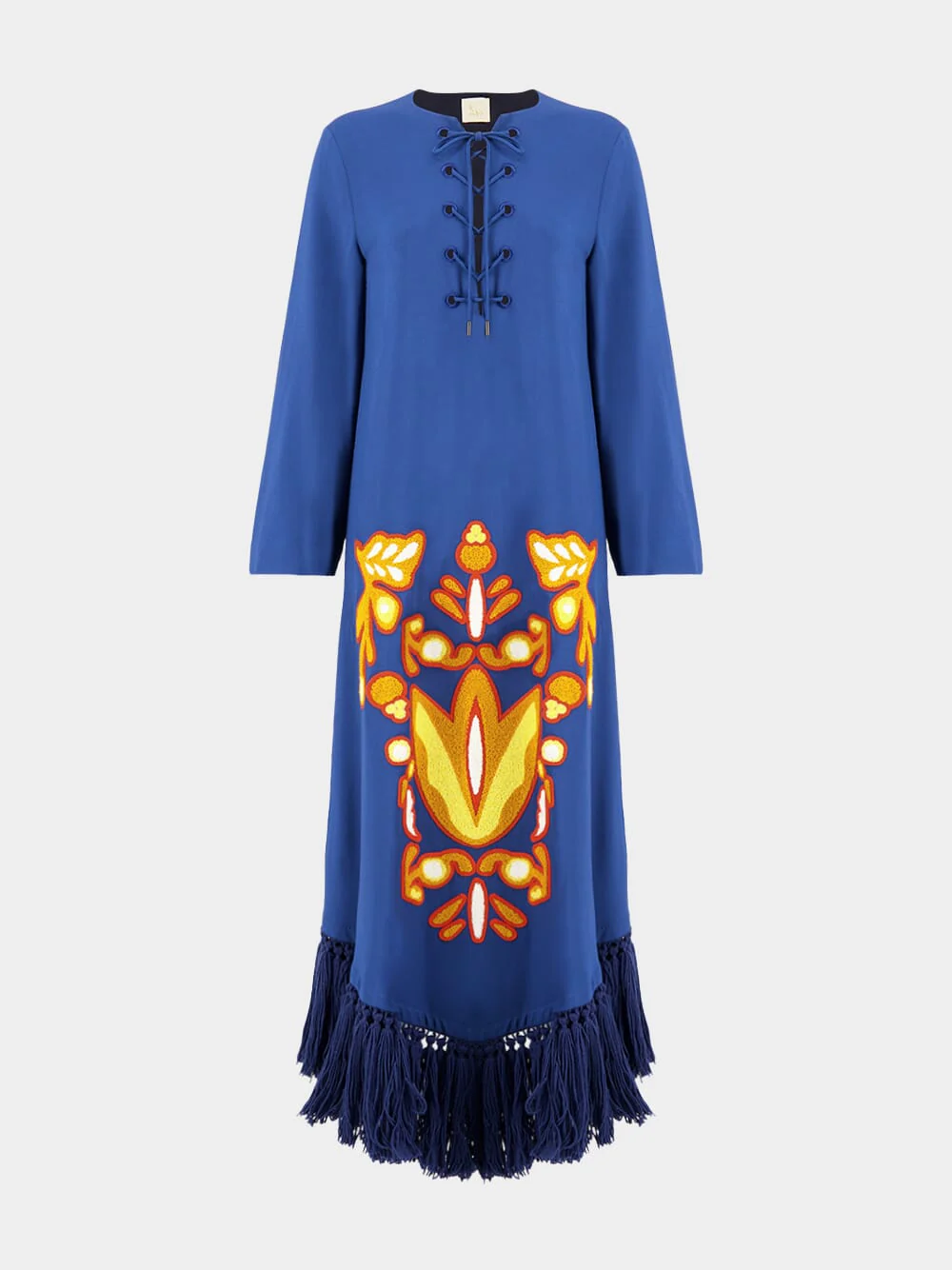 Onyx Estate Blue Chenille Embroidered Dress with Fringes - Image 2