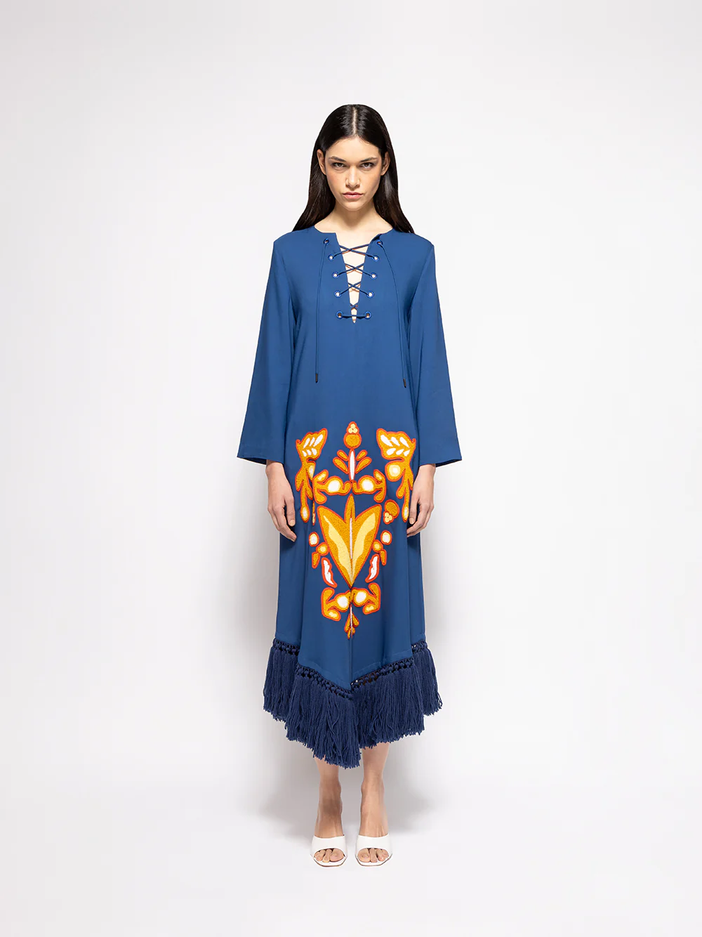 Onyx Estate Blue Chenille Embroidered Dress with Fringes - Image 3