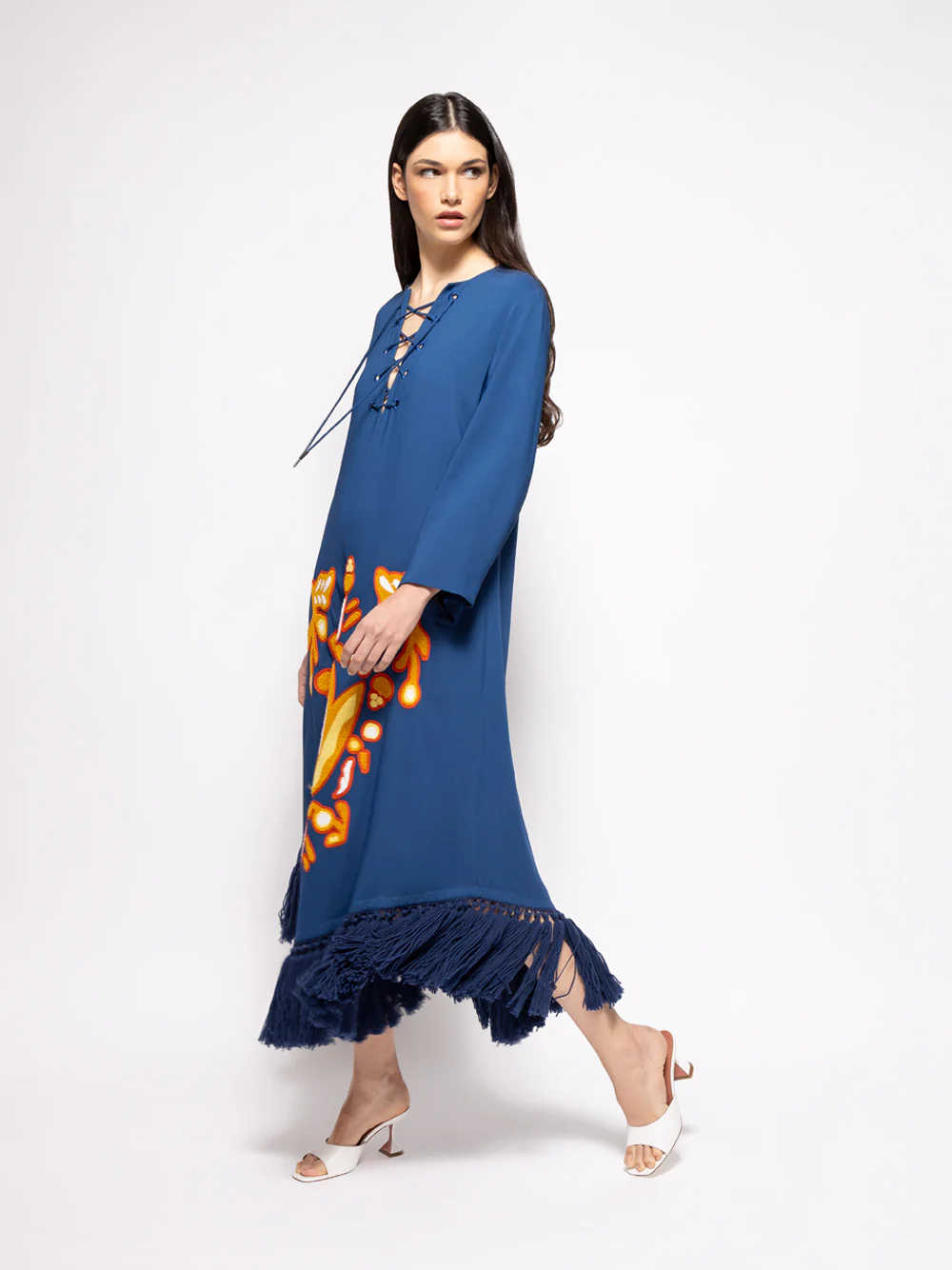 Onyx Estate Blue Chenille Embroidered Dress with Fringes - Image 5