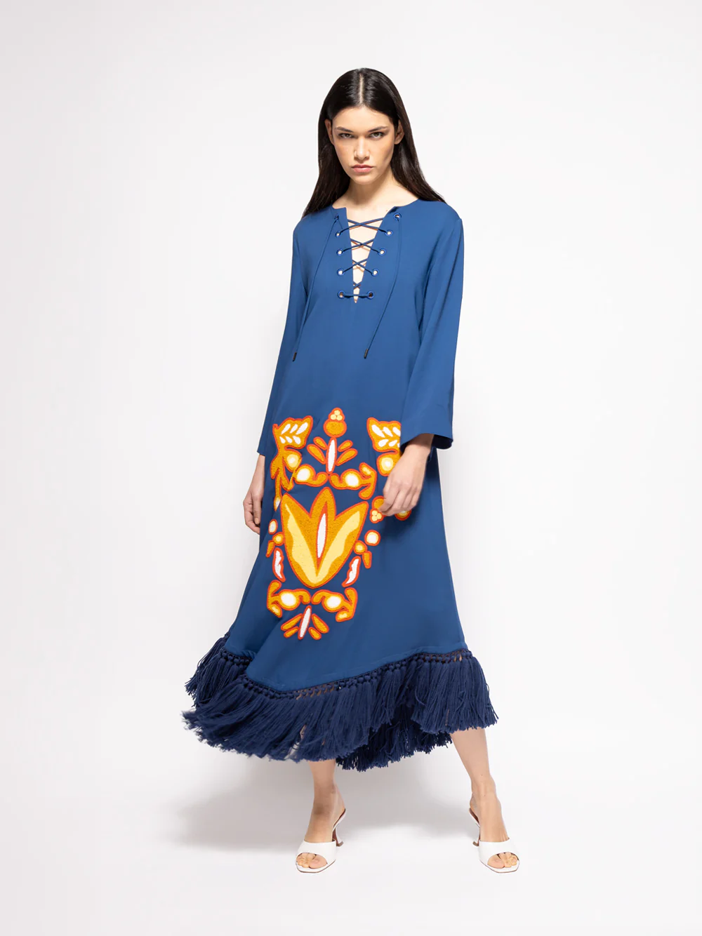 Onyx Estate Blue Chenille Embroidered Dress with Fringes - Image 6