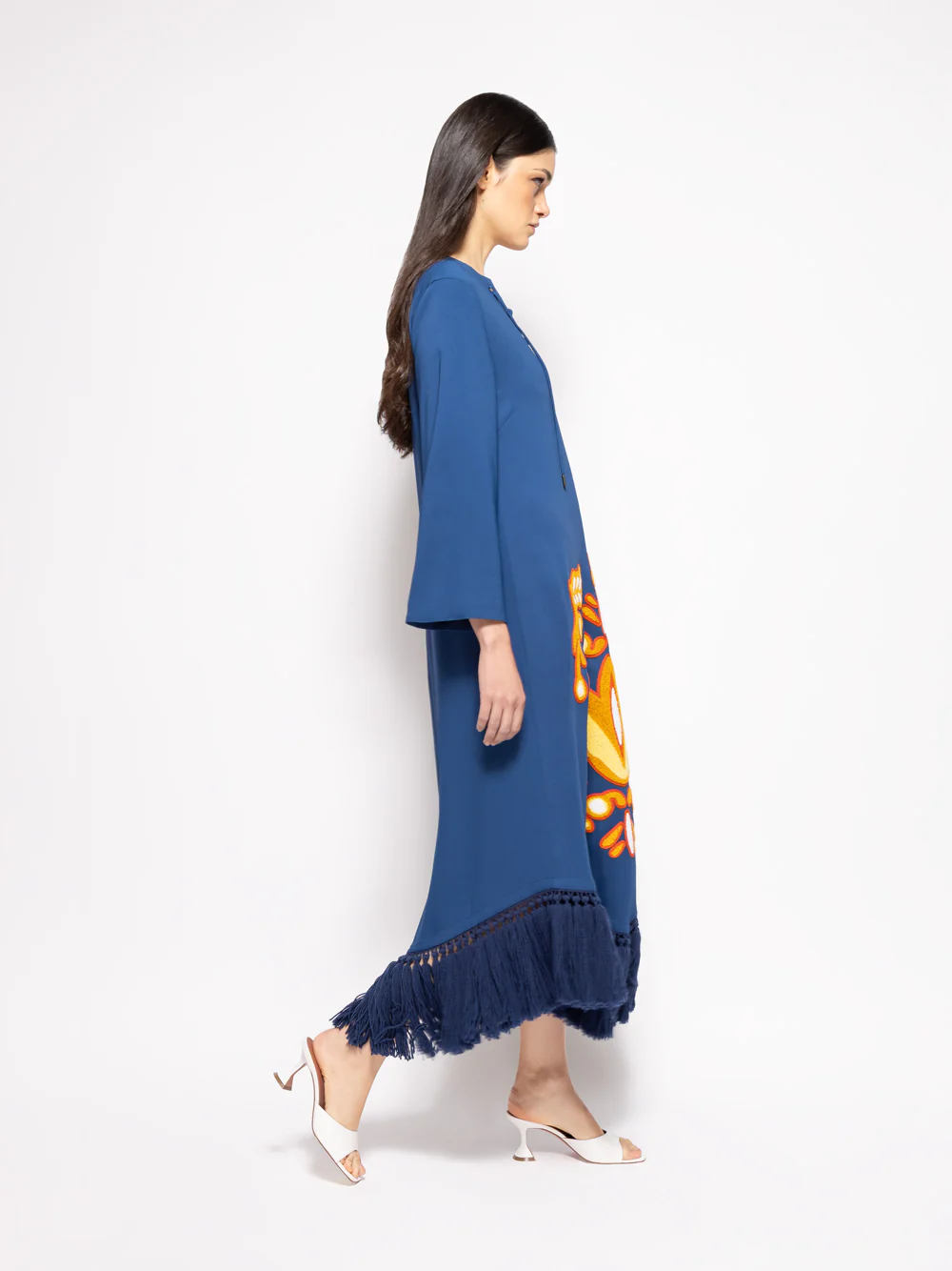 Onyx Estate Blue Chenille Embroidered Dress with Fringes - Image 9