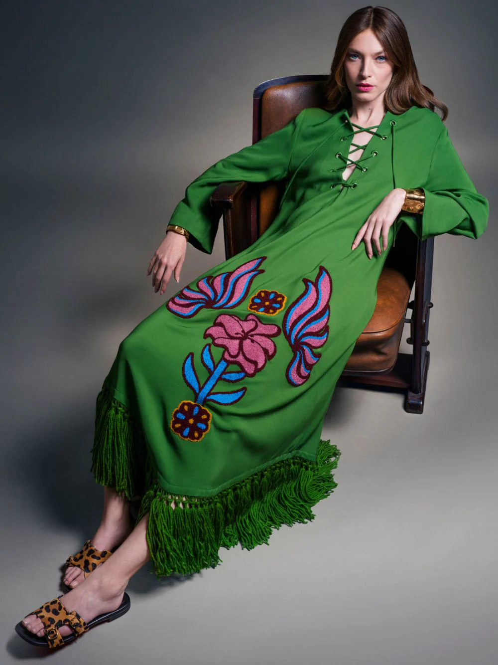 Onyx Treetop Chenille Embroidered Dress with Fringes