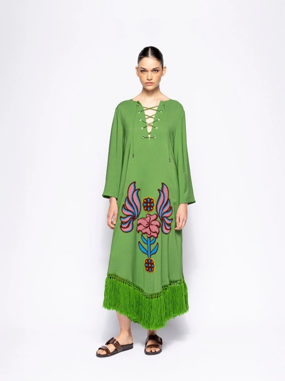 Onyx Treetop Chenille Embroidered Dress with Fringes - Image 3