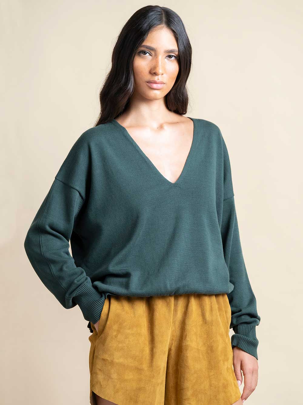 V-Neck Dark Green Wool Ribbed Sweater