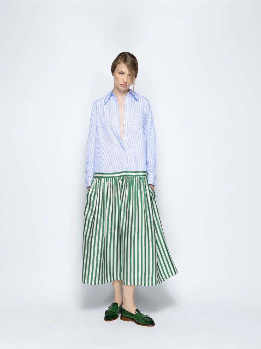 Rosalia Multi Stripes Printed A-Line Poplin Silk Twill Dress
