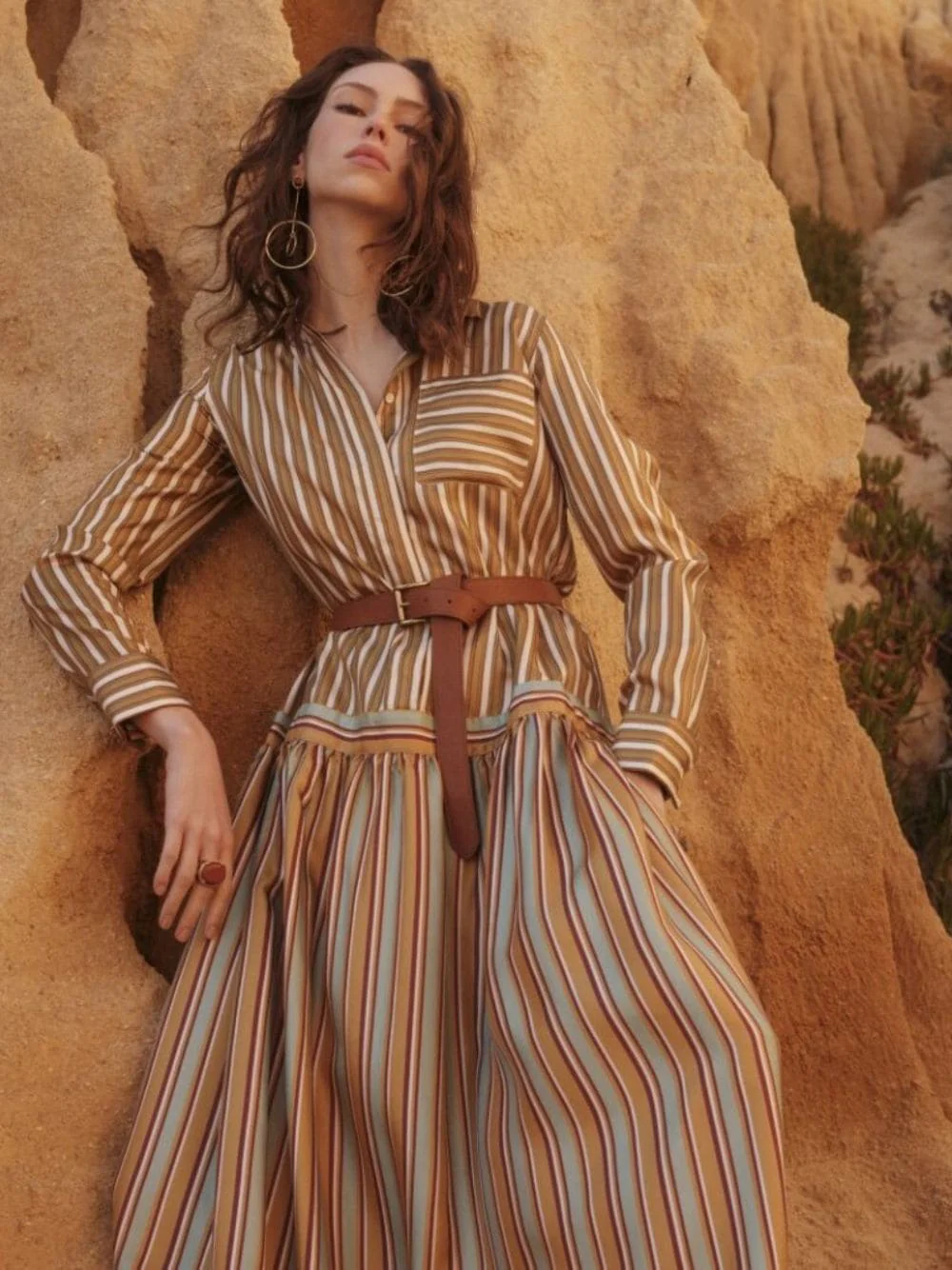 Rosalia Sun Stripes Printed A-Line Silk Twill Dress