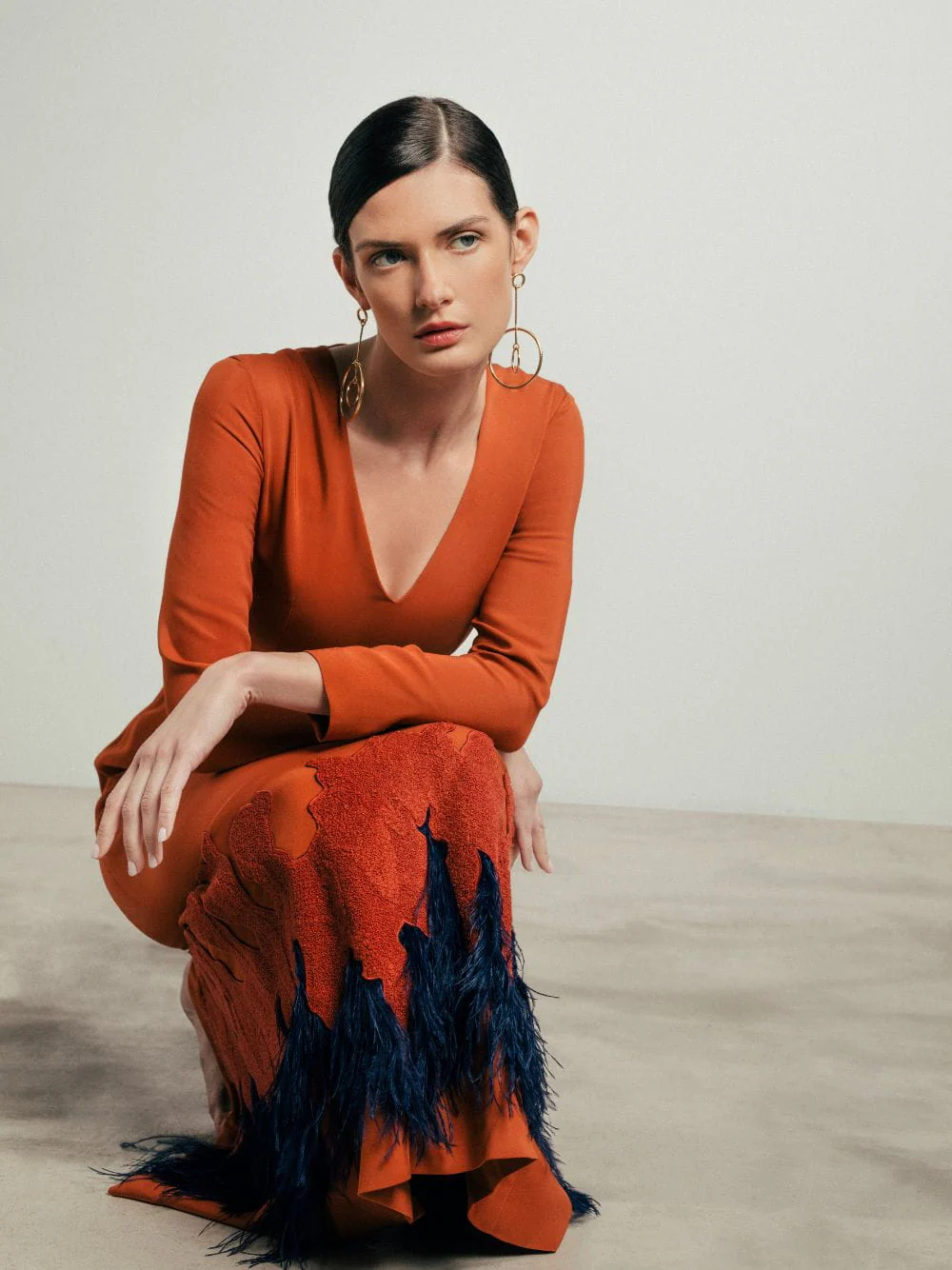 Sakura Cinnamon Stick Embroidered Long-Sleeved Maxi Dress with Feathers