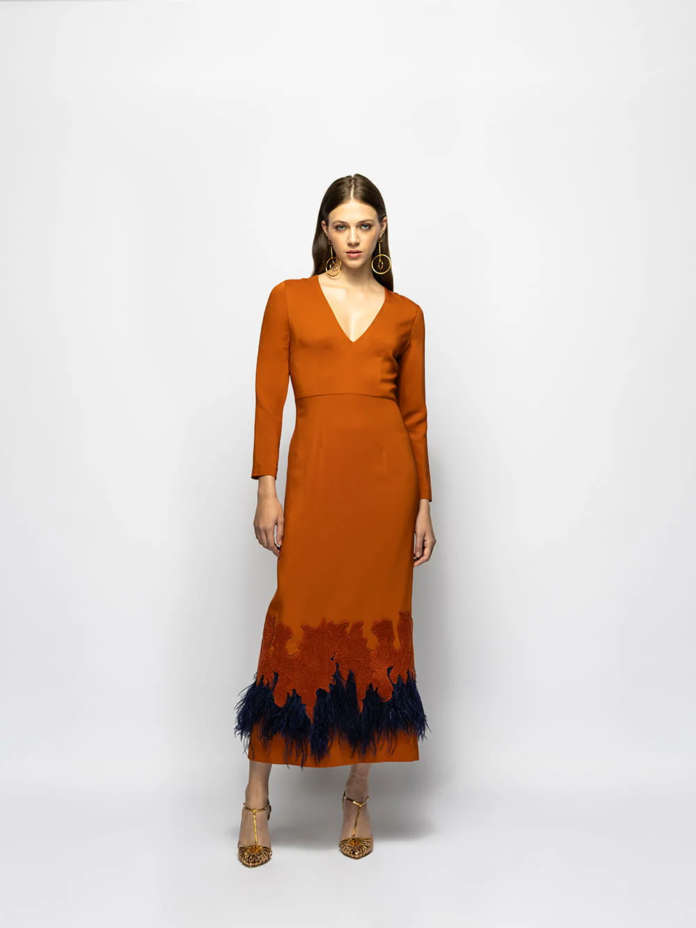 Sakura Cinnamon Stick Embroidered Long-Sleeved Maxi Dress with Feathers - Image 3