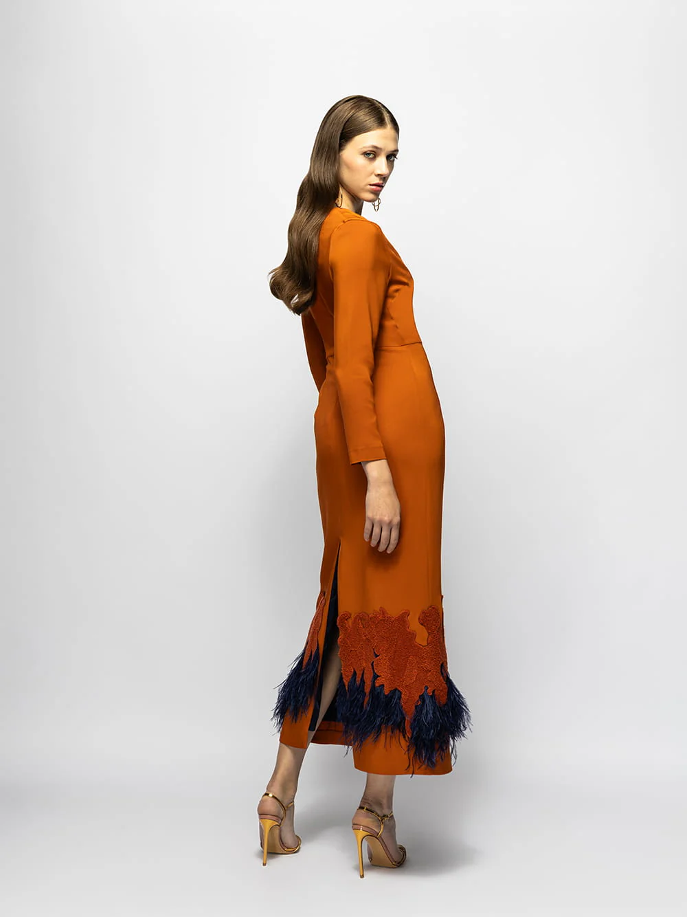 Sakura Cinnamon Stick Embroidered Long-Sleeved Maxi Dress with Feathers - Image 6
